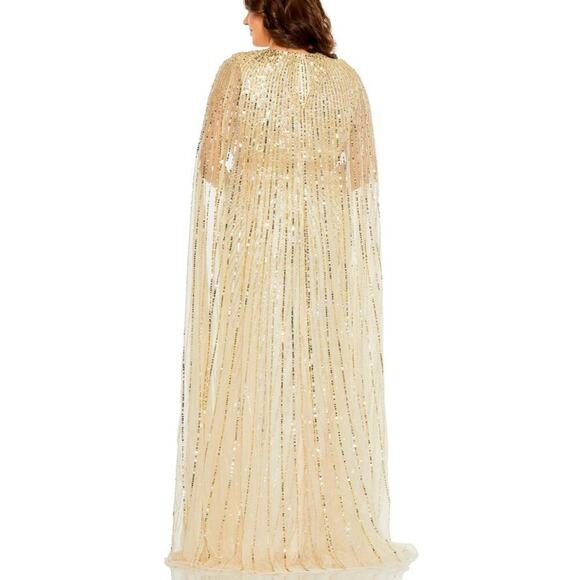 Mac Duggal Sequined V-Neck Gown Maxi Dress Cape Sleeves Nude Size 14W NWT - Picture 3 of 11